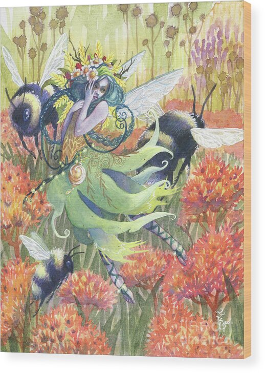 Fairy Wood Print featuring the painting Prairie Pollinators by Sara Burrier