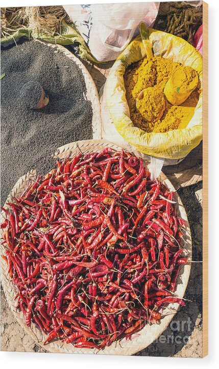 Spices Wood Print featuring the photograph Spices at local market - Myanmar #1 by Matteo Colombo