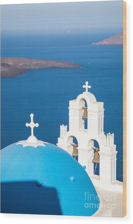 Church Wood Print featuring the photograph Iconic blue cupola overlooking the sea Santorini Greece by Matteo Colombo