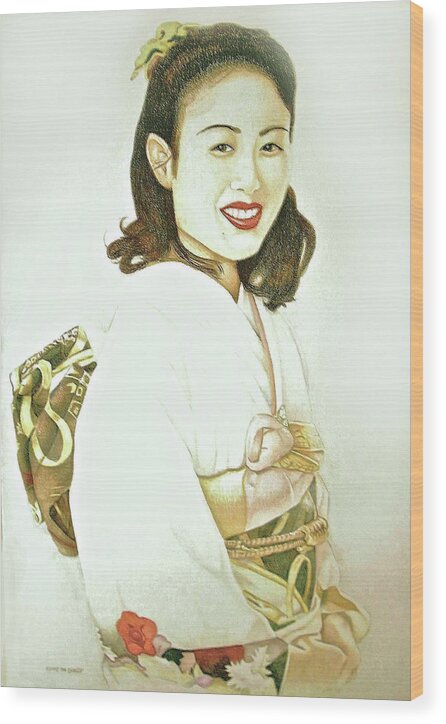 Kimono Wood Print featuring the drawing tomomi in Kimono by Tim Ernst