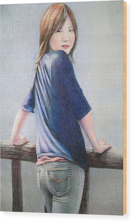 Girl Wood Print featuring the drawing Kanae in Jeans by Tim Ernst