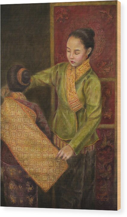 Lao Textile Wood Print featuring the painting The Gold Brocade by Sompaseuth Chounlamany