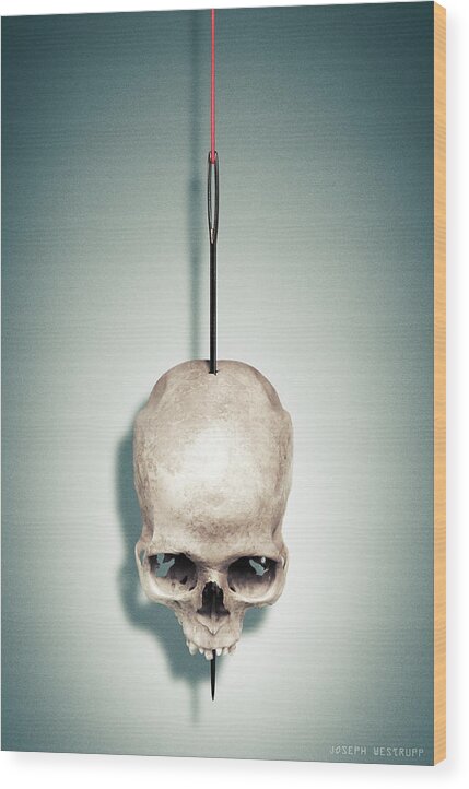 Skull Wood Print featuring the photograph By a Thread by Joseph Westrupp
