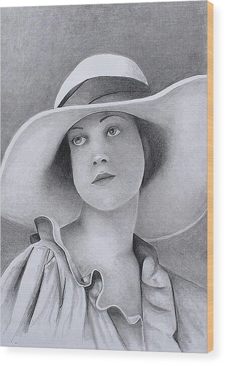 Woman Wood Print featuring the drawing Vintage woman in brim hat by Tim Ernst