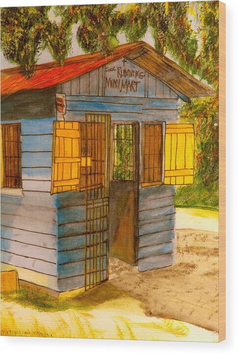 Jamaica Wood Print featuring the painting Cool Runnings Mini Mart by Larry Farris