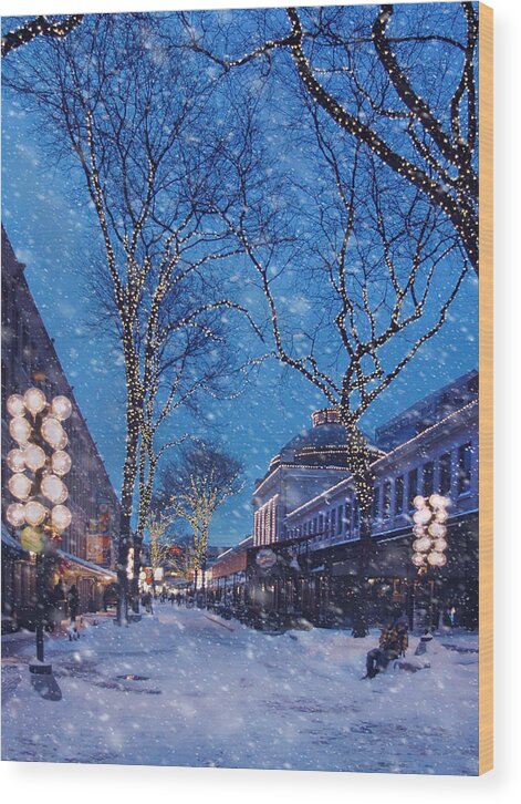 Quincy Market Wood Print featuring the photograph Faneuil Hall Winter Snow - Boston by Joann Vitali
