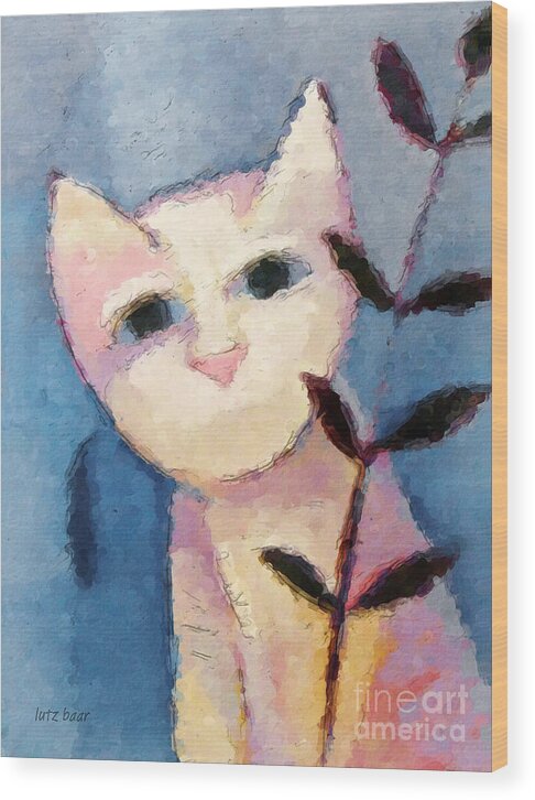 Cat Wood Print featuring the painting Little white Cat by Lutz Baar