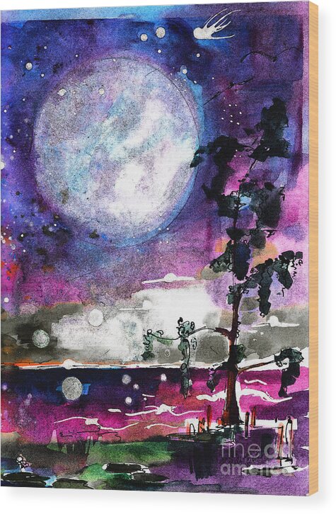 Moon Wood Print featuring the painting Magical Swamp Lights Big Moon by Ginette Callaway