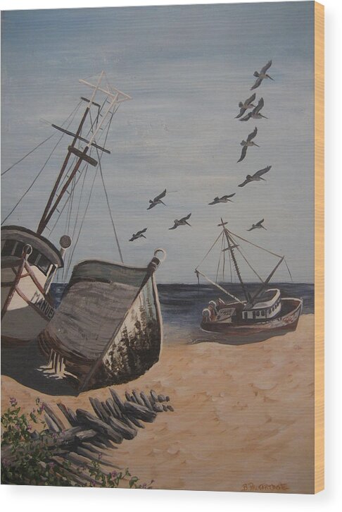 Beach Wood Print featuring the painting Beached Boats by Barbara Prestridge