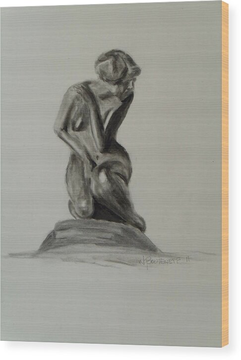 Charcoal Wood Print featuring the drawing Little Mermaid by Nicolas Bouteneff