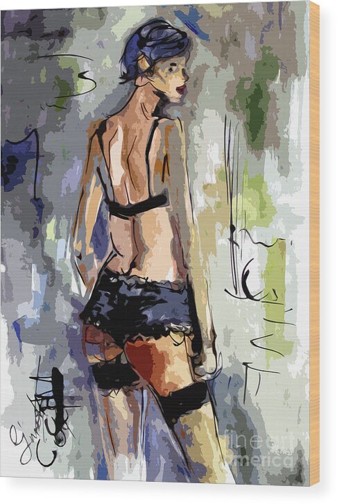 Modern.figure Wood Print featuring the painting Modern Sexy Lingerie Girl Colette by Ginette Callaway