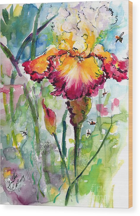 Flowers Wood Print featuring the painting Bearded Iris and Bees Watercolor by Ginette Callaway