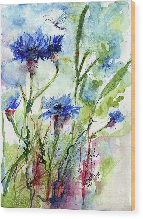 Blue Wood Print featuring the painting Cornflowers Korn Blumen Watercolor Painting by Ginette Callaway