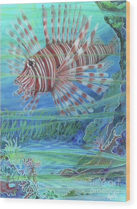 Ocean Wood Print featuring the painting Lionfish Blues by Amelia Stephenson at Ameliaworks