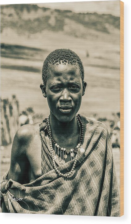 Maasai Wood Print featuring the photograph 4300 Portrait Young Maasai Ngorongoro Tanzania by Amyn Nasser Neptune Gallery
