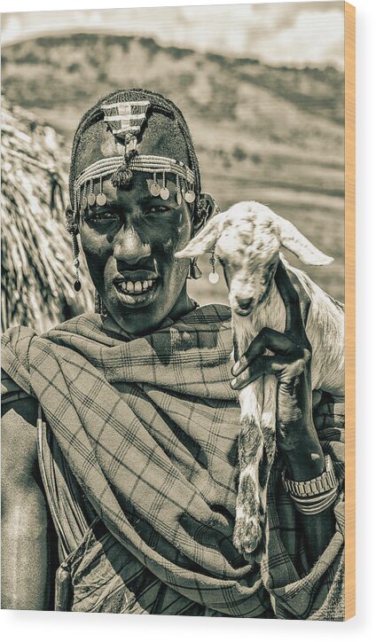 Ngorongoro Maasai Tanzania Wood Print featuring the photograph Portrait Maasai Warrior and Prized Goat 4283 by Amyn Nasser