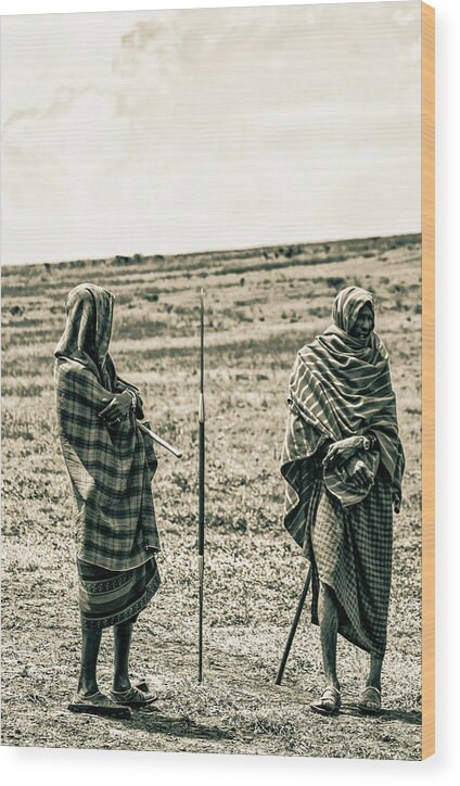 Ngorongoro Maasai Tanzania Wood Print featuring the photograph Maasai Warriors Landscape Tanzania 4337 by Amyn Nasser