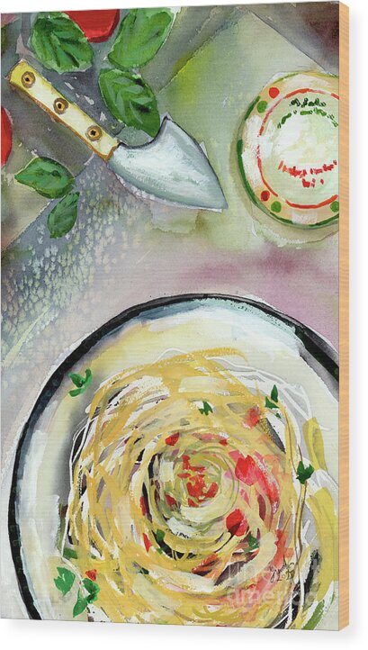 Food Art Wood Print featuring the painting Italian Cuisine Pasta Food Art Watercolors by Ginette Callaway