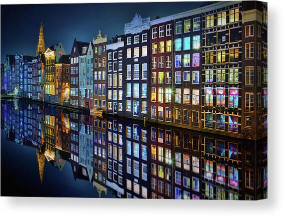 Colorful Amsterdam Canal Houses at Night Canvas Print