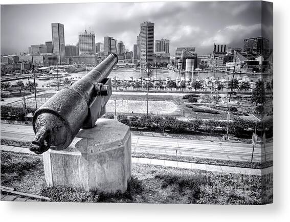 Historical Cannon Overlooking Cityscape Canvas Print