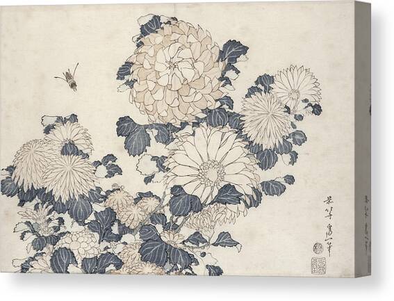 Bee And Chrysanthemums Canvas Art Print by Katsushika Hokusai