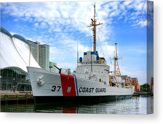 Docked Coast Guard Ship in City Harbor Canvas Print