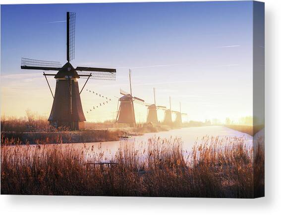 Dutch Windmills at Sunrise Canvas Print
