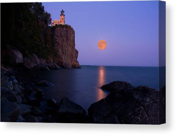 Split Rock Lighthouse - Full Moon Canvas Art Print by Wayne Moran