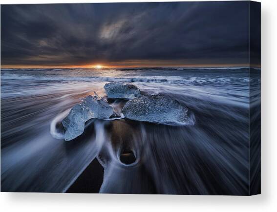 Icy Sunset on Dark Beach Canvas Print