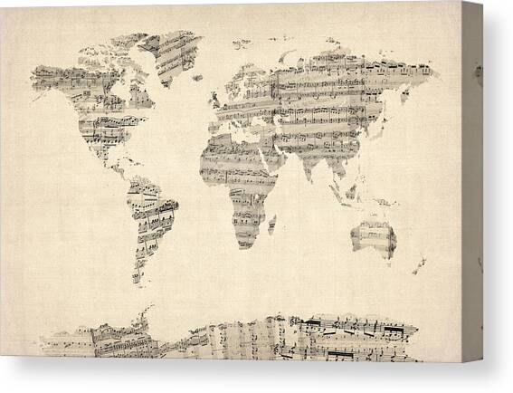 Canvas Print featuring the digital art Map of the World Map from Old Sheet Music by Michael Tompsett