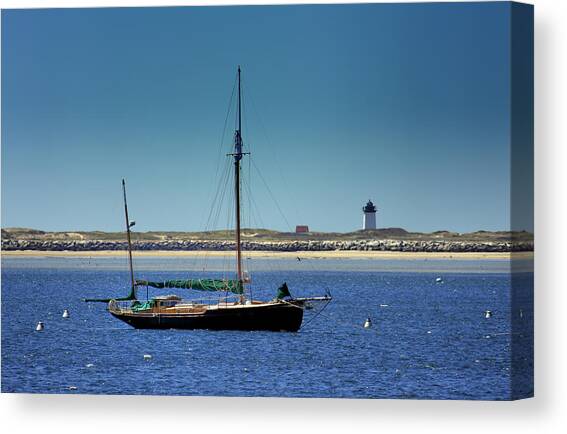 Sailboat and Long Point Lighthouse Canvas Art Print by Darius Aniunas
