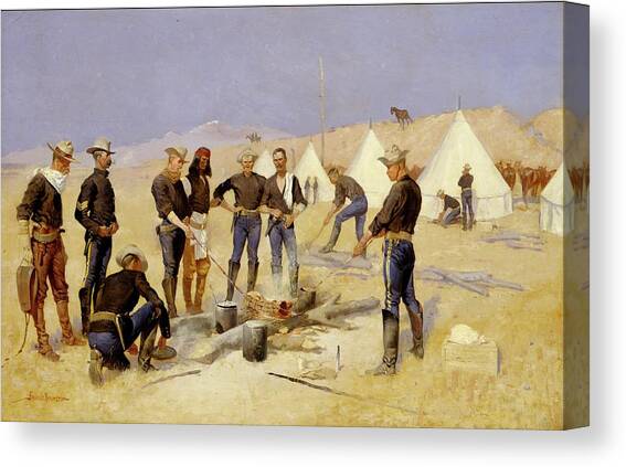 Roasting The Christmas Beef In A Cavalry Camp Canvas Art Print by Frederic Remington