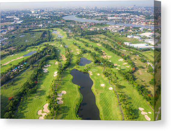 Aerial Panoramic View Of Golf Course Canvas Art Print by Prasit Rodphan