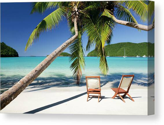 Chairs Under Palm Trees At A Beach In Canvas Art Print by Cdwheatley