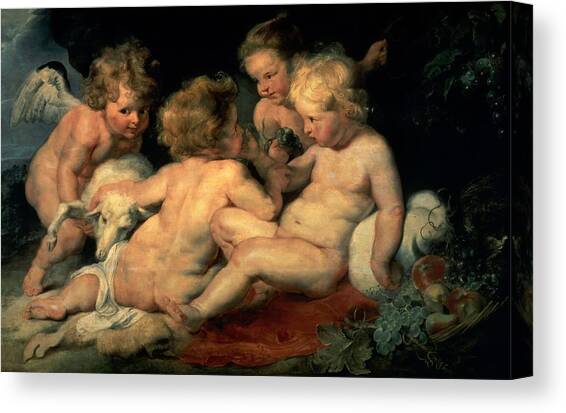 Christ and John the Baptist as Children and Two Angels, c. 1615-1620, Oil on panel. CHILD JESUS. Canvas Art Print by Peter Paul Rubens -1577-1640-