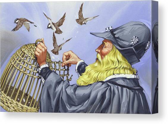 Leonardo Da Vinci, Who Bought Caged Birds In Order To Let Them Free Canvas Art Print by Angus Mcbride
