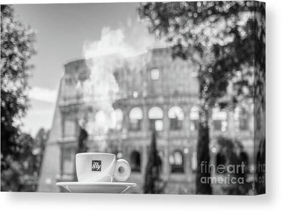 A cup of coffee in front of Colosseo in Roma Canvas Art Print by Stefano Senise