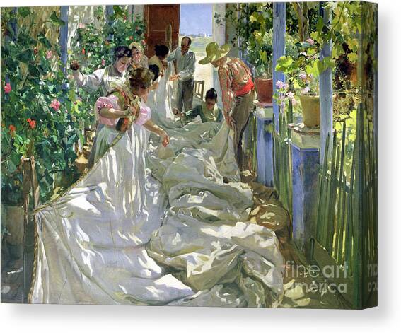 Mending the Sail Canvas Art Print by Joaquin Sorolla y Bastida
