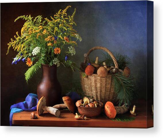 Still Life With Mushrooms And Bouquet #1 Canvas Art Print by ??????? ????????