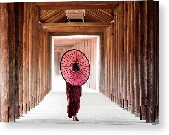 Buddhist Monk Walking Along Temple #2 Canvas Art Print by Martin Puddy
