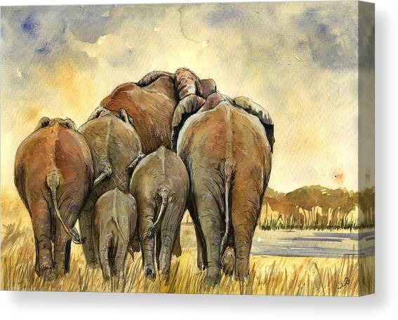 Elephants Walking Towards Sunset Canvas Print