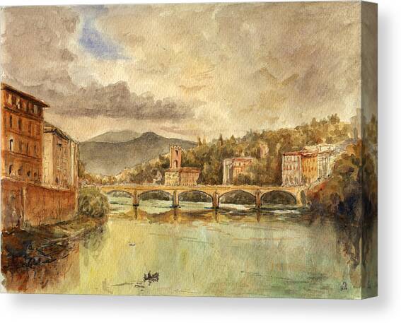 Old Bridge Over Serene River Canvas Print