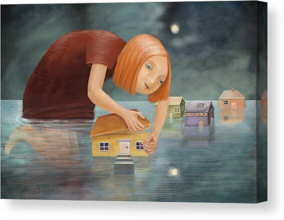 Giant Girl Adjusting Toy Houses Canvas Print