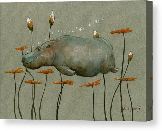 Floating Hippopotamus Among Flowers Canvas Print