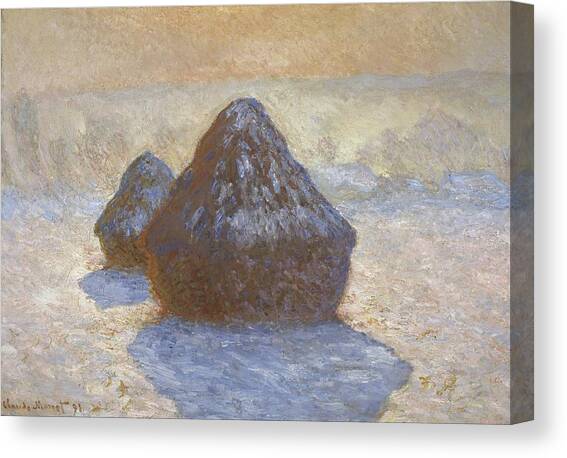Haystacks- Snow Effect Canvas Art Print by Claude Monet
