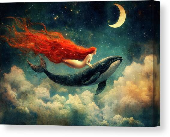 She Swims With A Whale Under The Moon Canvas Art Print by Garry Gay