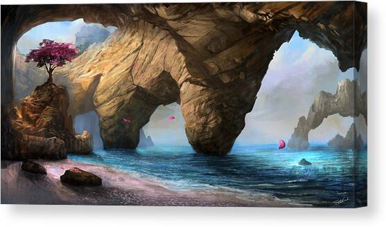 Majestic Coastal Arch with Pink Tree Canvas Print