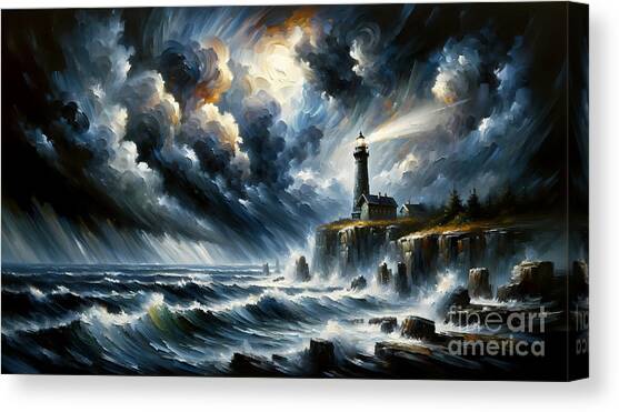 A rugged coastal scene with a lighthouse during a storm Canvas Art Print by Jeff Creation