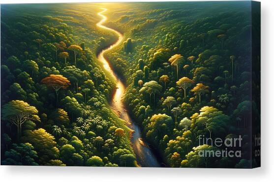 An aerial view of a lush tropical rainforest with a river snaking through it Canvas Art Print by Jeff Creation
