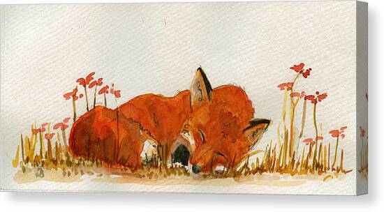 Sleeping Fox Among Red Flowers Canvas Print